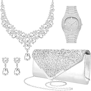 5 Pieces Purse Rhinestone Jewelry Set for Women Prom Jewels Crystal Clutch Purse Watch Necklace Earrings Silver Jewelry Set for Women Bride