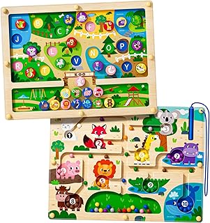 Magnetic Maze 2 in 1 Double Side Color and Number Maze Alphabet Puzzle Board for 3-5 Boys and Girls Kids Montessori Educational Toys (Zoo, One Size)