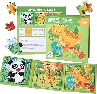 Magnetic Puzzles for Kids 3-5 Years, 3 in 1 Montessori Learning Toys with 9/16/25 PCS, Travel Activity for Toddlers Age 3-5, Preschool Puzzle Game with Animal Designs (Panda, Giraffe, Dinosaur)