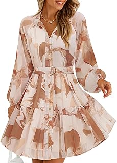Womens Summer Floral Mini Dress 2026 Fall Long Sleeve Button Chiffon A Line Short Wedding Guest Party Dresses
