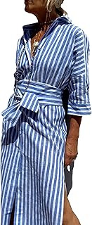 Womens 2026 Shirt Dress Casual Lapel 3/4 Sleeve Button Down Split Belted Vacation Maxi Dress