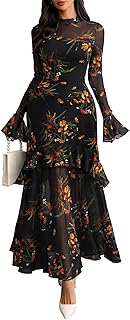 Womens Floral Maxi Dress Sheer Mesh Bell Sleeve Tiered Ruffle Gothic Romantic Casual Long Dresses