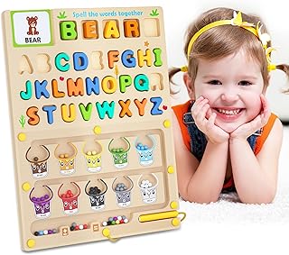 3 IN 1 Double Sided Montessori Toys- Magnetic Color and Number Maze, Toddler Wooden Alphabet Puzzles, Dry Erase Board, Preschool Learning Activities Toys for 3 4 5 6 Years Old Kids Girls Boys