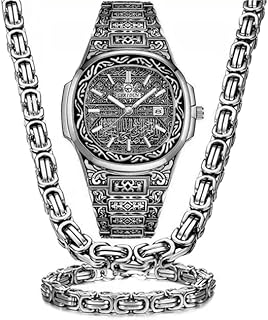 3PC Stainless Steel Necklace Bracelet Watch Set Vintage Calendar Business Classic Men's Watch Hip Hop Necklace Does Not Fade High-Grade Accessories Jewelry Set for Men