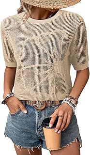 Womens Summer Short Sleeve Crochet Tops Hollow Out Floral Sweaters Beach Vacation Cruise Outfits