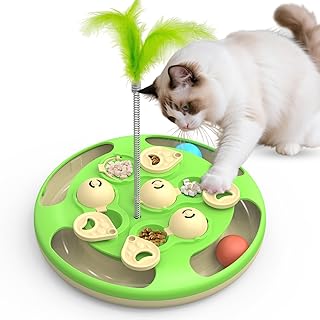 Cat Puzzle Toys Games Level 3 in 1 with Track Balls, Feather Teaser & Treat Feeder | Non-Slip Base | Mental Stimulation Enrichment for Indoor Cat, Dogs | Kitty Gift, Green