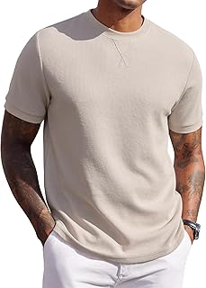 Men's Waffle T-Shirts Short Sleeve Casual Crew Neck Shirt Summer Plain Pullover Tees