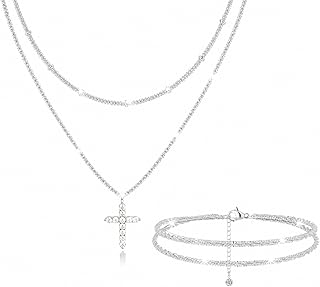 Sparkly Silver Necklace Bracelets for Women Rhinestone Cross Pendent Necklace Sparkly Chain Stackable Layered Necklace Bracelets for Women Beach Jewelry Gift