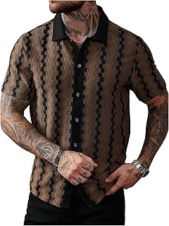 Men's Summer Striped Shirts Casual Button Down Textured Short Sleeve Collared Vintage Beach Shirts