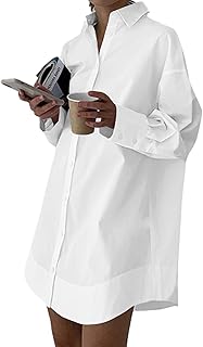 Women's Casual Shirt Dress Collar V Neck Button Down Loose Long Sleeve Mini Dresses