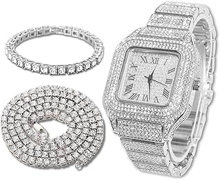 Diamonds Gold Watch Iced Out, Men's 18k Real Gold/Platinum White Gold Plated Quartz Wristband 9.5" Square Dial, with Tennis Chain Necklace Bracelet Set Options, Comes with Gift Box