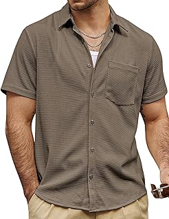 Mens Casual Waffle Shirt Short Sleeve Button Down Summer Shirts Loose Fit Beach Shirts