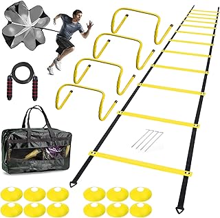 Agility Ladder Set 20ft, 4 Hurdles, 12 Soccer Cones, Jump Rope & Running Parachute - Speed Agility Training Equipment for Soccer Fitness Kids Youth Adults