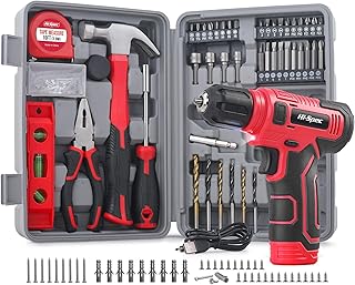 Hi-Spec 8V Cordless Drill Set & Starter Tool Kit – Rechargeable USB Electric Power Drill Driver, Compact Home Tool Set with Accessories, Red, Perfect for DIY Enthusiasts