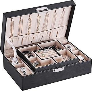 BEWISHOME Mens Jewelry Box, Jewelry Organizer with 4 Watch Case Removable Tray, Jewelry Storage Case for Necklace, Earring Ring Bracelet, PU Leather, Velvet Lining Black SSH07B