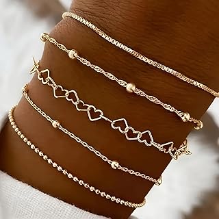 Women's Bracelet Set, 5PCS Gold Plated Stackable Bracelets - Thin Chain, Cuban Link, Paperclip Styles, Dainty Fashion Jewelry Gift for Women