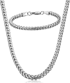 Stainless Steel Wheat Chain Necklace for Men Necklace Bracelet Jewelry Set 5mm in Width, 22" 8.5"