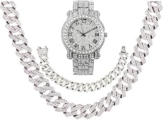Silver Bling'ed Out Mens Watches on Blast w/Zig Zag Bling'ed Out Necklace & Bracelet Sets - New Cuban Z Links w/3 Row Diamonds on Each Side - ST102SSeries