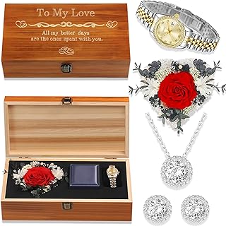 Birthday Gifts for Women-Preserved Roses Jewelry Set 925 Sterling Silver Necklace Earrings,Watches for Women,Wooden Jewelry Organizer-Mother’s Day, Anniversary,Thanksgiving,Christmas,Graduation Gifts