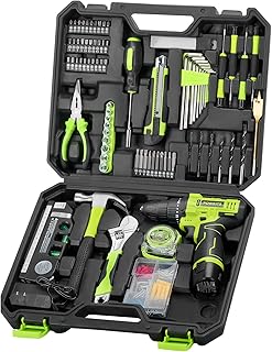 Cordless Drill Tool Set: 12V Power Drill Tool Kit with Battery & Charger, Portable Household Basic Drills Case for Men & Women, Homeowner, Diyer, Handyman, 142 Piece, Green