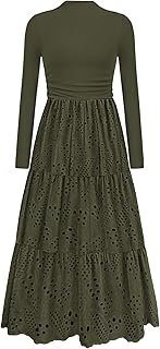 Long Sleeve Maxi Dress for Women 2026 Fall Eyelet A Line Elegant Classy Flowy Mock Neck Spring Vacation Dresses