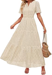 Women's 2026 Summer Short Sleeve Maxi Dress Casual V Neck Hollow Out Eyelet Ruffle Swing A Line Long Dresses