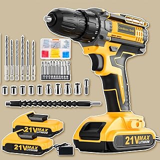 Cordless Drill, 21V Power Drill with Dual 2.0Ah Power Pack and Charger, Power Electric Battery Drills Set, 3/8" Chuck, 25+1 Torque, Compact Drills with 87 Accessories Tool for DIY, Home Repair & Gift