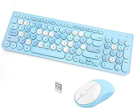 Wireless Keyboard and Mouse Combo, Retro Typewriter Keyboard with Round Keycaps, 2.4GHz USB Cute Wireless Keyboard Mouse for Computer, Desktop, Laptop (Blue Colorful)