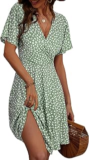 Womens Sundress Summer Floral Short Sleeve Wrap V Neck A-Line Midi Dress
