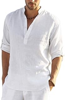 Men's Cotton Linen Henley T-Shirt Long Sleeve Hippie Casual Beach T-Shirts