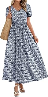 Maxi Dresses for Women V Neck Ladies Midi Long Dress A Line Smocked Waisted Casual Summer Spring Clothes Boho Beach