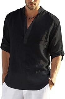 Men's Cotton Linen Henley T-Shirt Long Sleeve Hippie Casual Beach T-Shirts