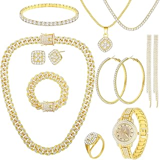 13 Pieces Silver Jewelry Set for Women Stainless Steel Cuban Link Necklaces Bracelets Earrings Watch Ring Bling Cubic Zirconia Cuban Jewelry Set for Women Men