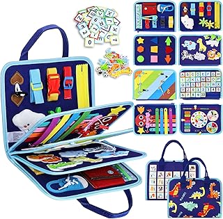 Esjay Toddler Busy Board Montessori Toys for Boys, Sensory Book Educational Activities for Learning Fine Motor Skills, Birthday Gifts for Boys Toddlers, Travel Toys for Airplane Car, Blue Dinosaur