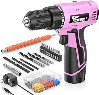 12V Cordless Drill Set with Battery & Charger, Electric Power Drill with Pure Copper Motor, 180 In-lbs Torque, 18+1 Clutch, 3/8" Keyless Chuck, LED Light, Drill Kit for Home Repair, DIY(Pink)