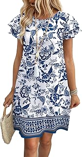 Womens Summer Dresses 2026 Ruffle Sleeve Round Neck Loose Swing Sundresses with Pockets Plain/Print