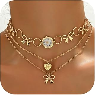 Gold Charm Necklace For Women Bow Clock Heart Pendant Necklace Trendy Layered Necklaces for Women Y2K Necklace Set for Women Glamorous Occasion