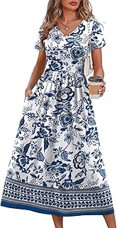 Summer Dresses for Women Flowy Casual A-Line Midi Dress Beach Vacation Sundresses with Pockets S-2XL