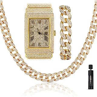 Diamonds Gold Silver Plated 50MM Rectangle Iced Out Watch, 18 Inch Cuban Link Luxury Necklace Chain with Bracelet Set for Men, GiftBox
