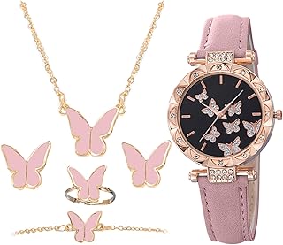 5 Pieces Butterfly Watch Set, Women's Wrist Watches set with Rings/Necklaces/Bracelets/Earrings, Butterfly Leather Strap Watches, Jewelry Accessories Fashion