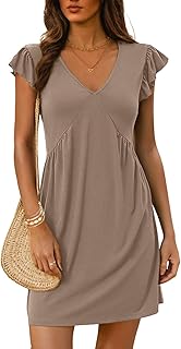 Women's Summer Dresses Beach 2026 Casual Deep V Neck Loose Sundress Ruffle Sleeve Mini Dress