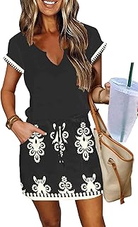 Women Summer T Shirt Dress Casual Short Sleeve V Neck Dress with Pockets Drawstring Waist Short Dresses
