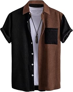 Men's Casual Button Up Shirt Pocket Short Sleeve Colorblock Blouse Tops
