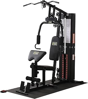BalanceFrom Multifunctional Steel Frame Home Gym Machine with Floor Mat – Strength Training Workout Station with 160-Pound Weight Stack, Lat Pull & Low Row Bars, 4-Roll Leg Developer & Press