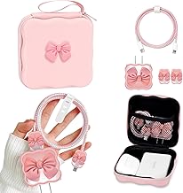 CameCosy DIY Phone Charger Storage Case Cover Sets for iPhone with Cable Protector Earphone Wire Saver, Lovely Travel Storage Bag, Cute Cable Charger Protector Cord Organizer (Pink Bow Tie)
