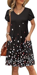 Womens Summer Dresses 2026 Tulip Petal Short Sleeve V Neck Loose Swing Sundresses with Pockets Plain/Print