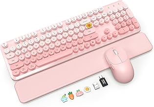 Wireless Keyboard and Mouse Combo, Magnetic Soft-Touch Wrist Rest, Round Keycaps, Full-Size Retro Typewriter Keyboard, 2-Stage Tilt Legs, Auto Sleep, 2.4GHz Cordless for Windows PC, Blush Pink Ombre